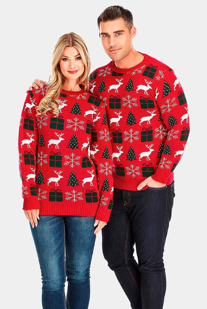 Camisola de Natal para Casal Vermelha com Renas, Presentes e Pinheiros