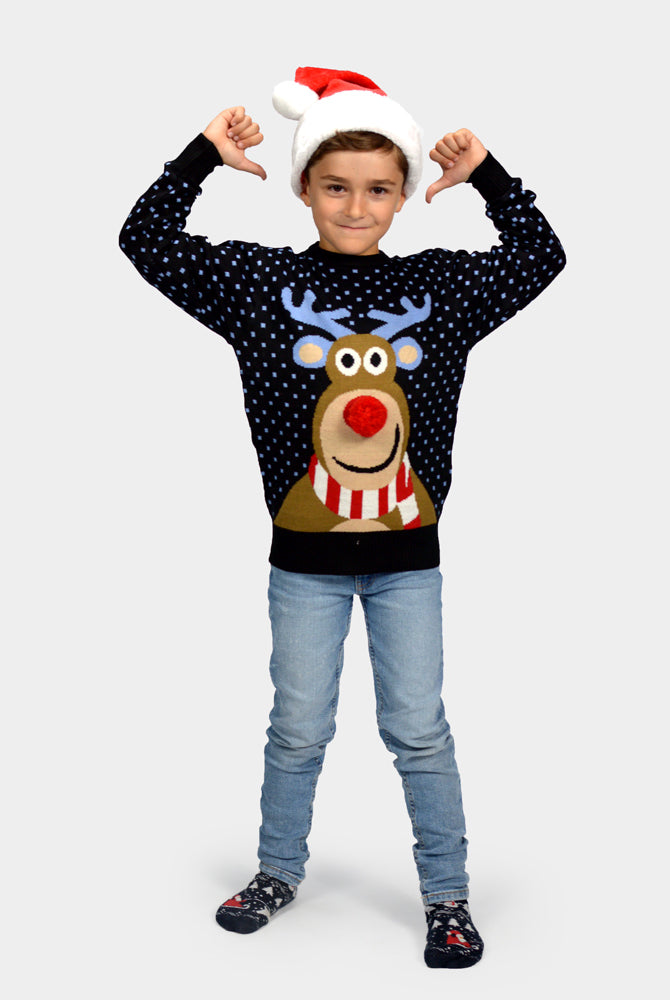 Camisola de Natal para Menina e Menino Azul Rena com Nariz Vermelho 3D