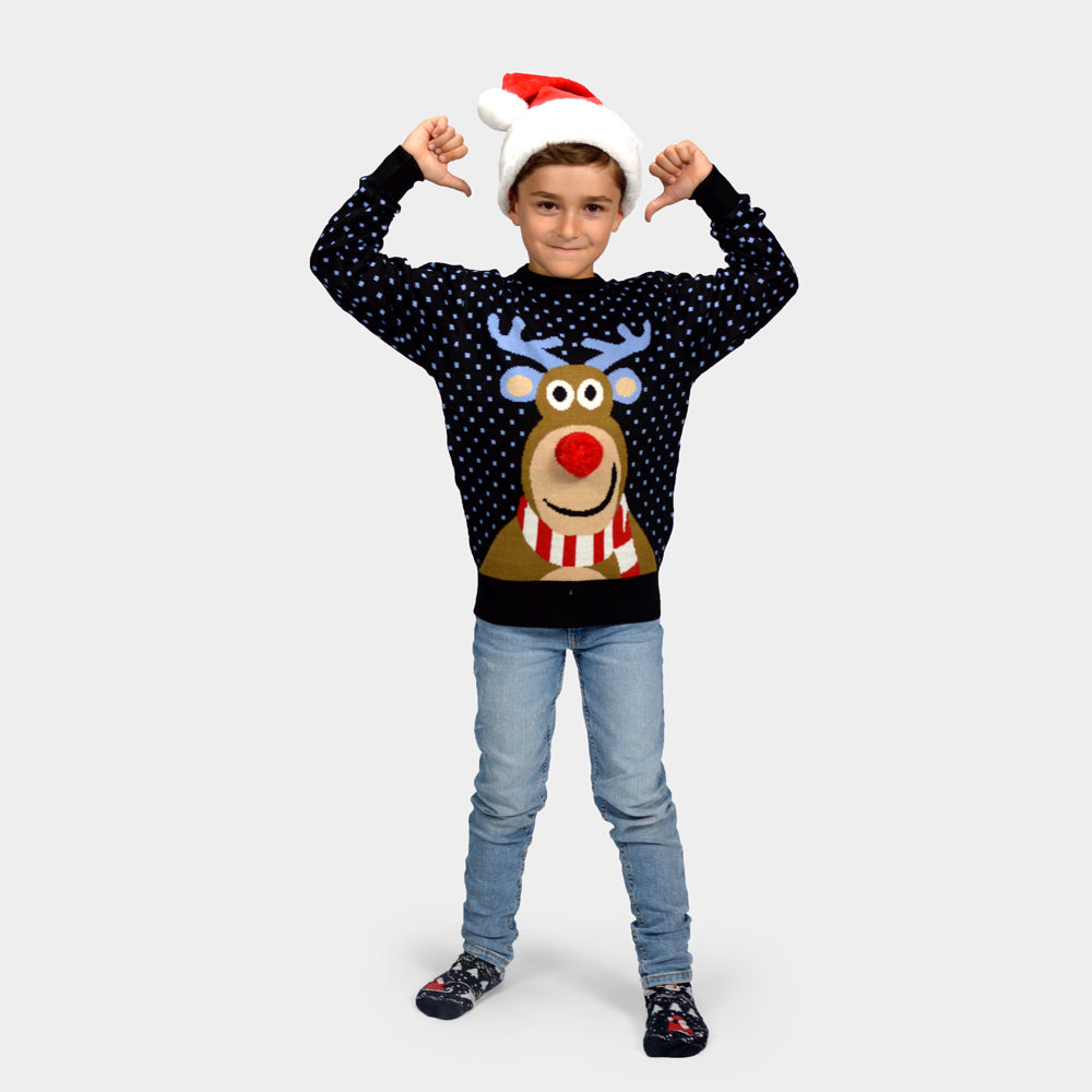 Camisola de Natal para Menina e Menino Azul Rena com Nariz Vermelho 3D