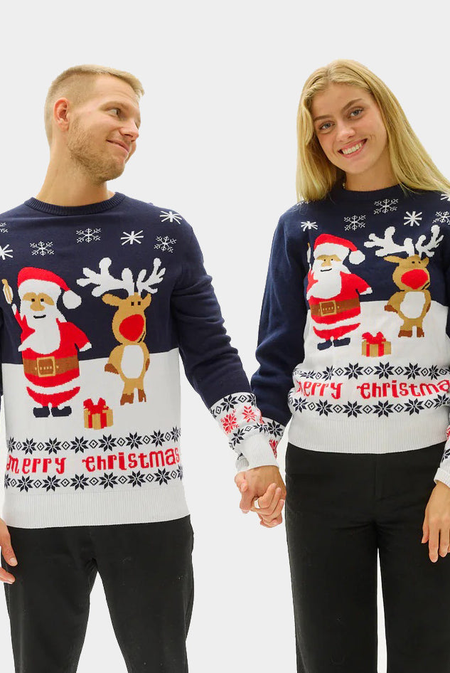 Camisola de Natal para Casal Azul con Pai Natal e Rena Rudolph