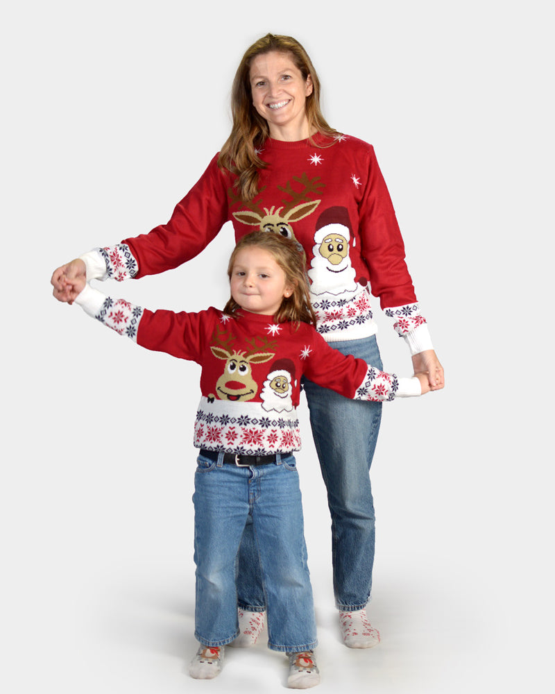 Camisola de Natal para Menina e Menino com Rena e Pai Natal Sorridentes Familia