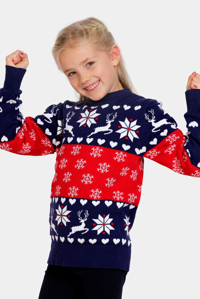 Camisola de Natal para Menina e Menino Renas Corações Azul e Vermelha