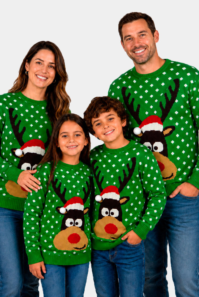 Camisola de Natal Casal Menina e Menino Verde Rena com Gorro 3D Familia