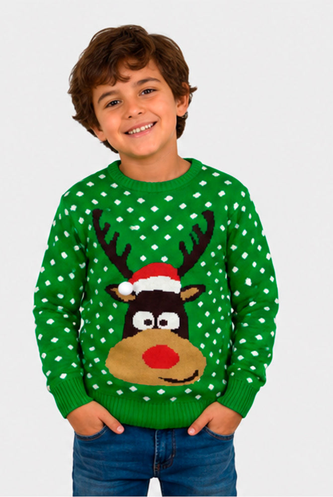 Camisola de Natal para Crianças Verde Rena com Gorro 3D Menino