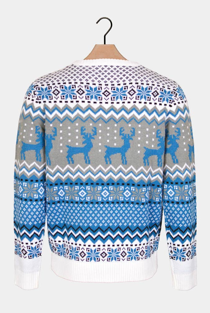 Camisola de Natal Casal Elegante Branca, Cinza e Azul com Renas