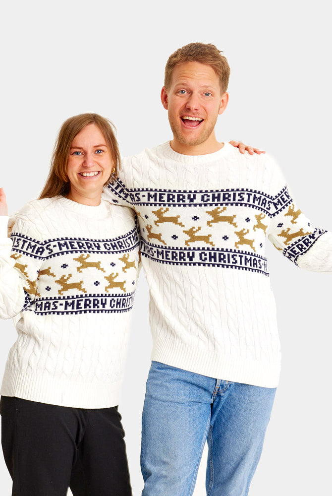 Camisola de Natal para Casal Elegante Branca com Renas Algodão Orgânico