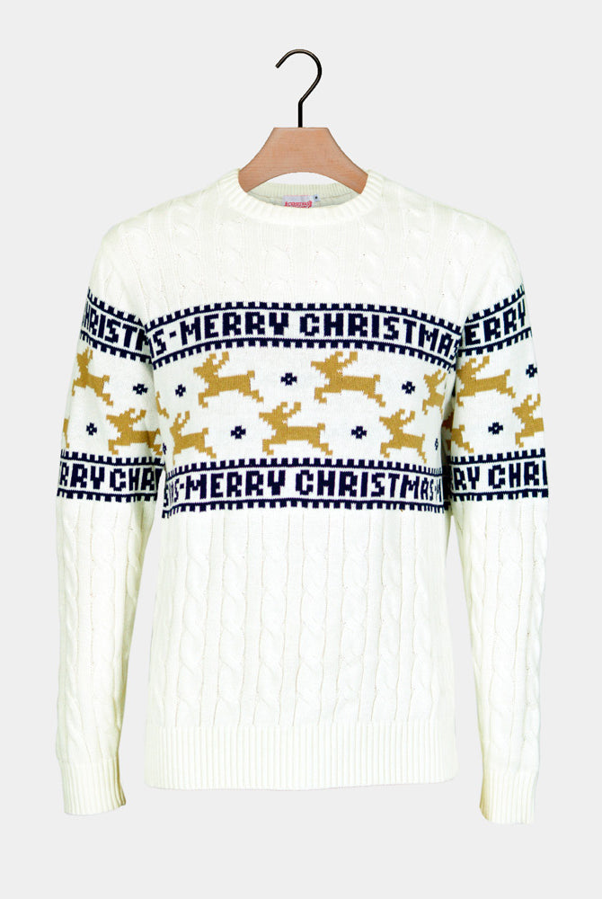 Camisola de Natal para Casal Elegante Branca Renas Algodão Orgânico