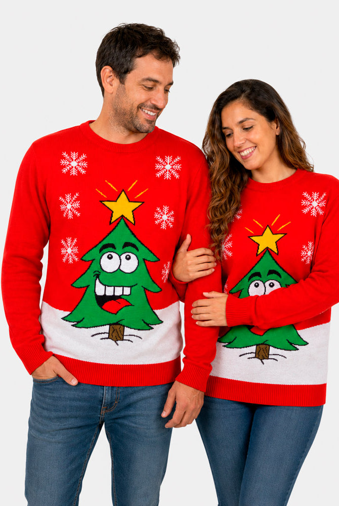 Camisola de Natal Família com Árvore de Natal Sorridente Casal