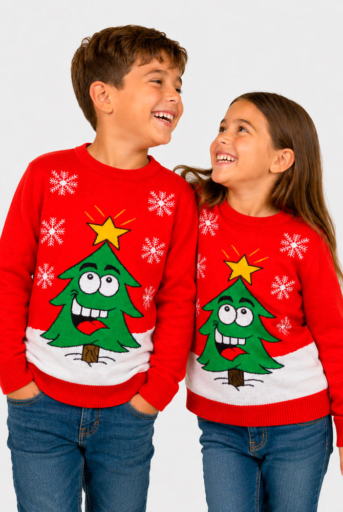 Camisola de Natal Família com Árvore de Natal Sorridente Crianças