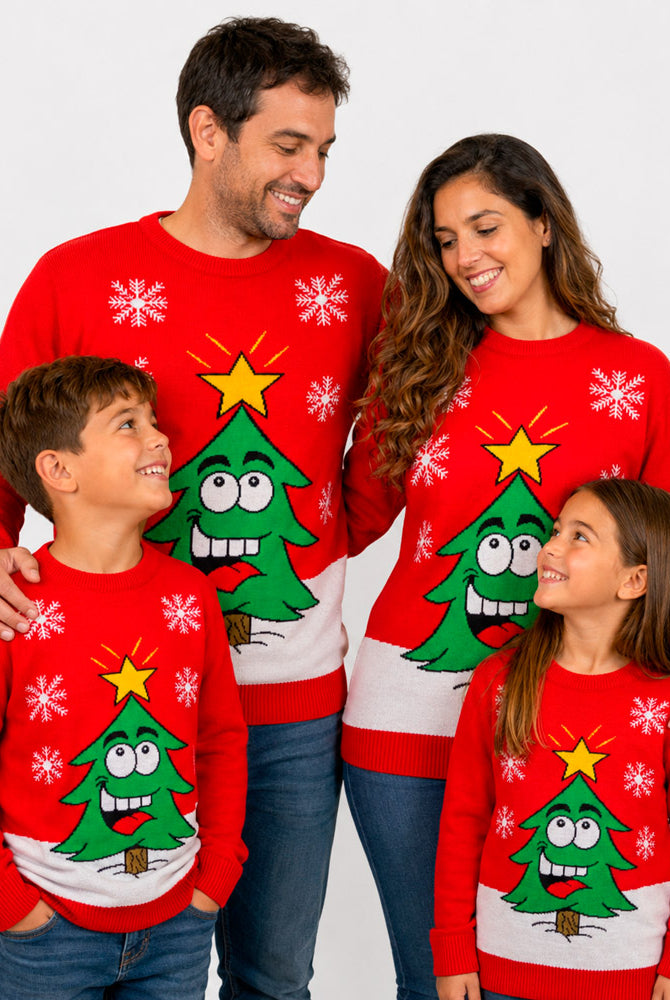 Camisola de Natal Família com Árvore de Natal Sorridente