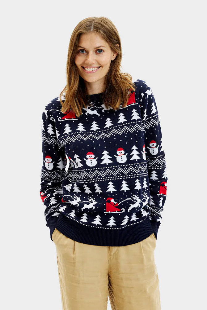 Camisola de Natal Família Mulher Árvores, Bonecos e Pai Natal