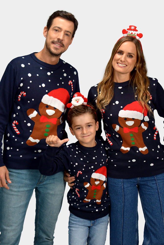 Camisola de Natal para Família Azul Gingerbread
