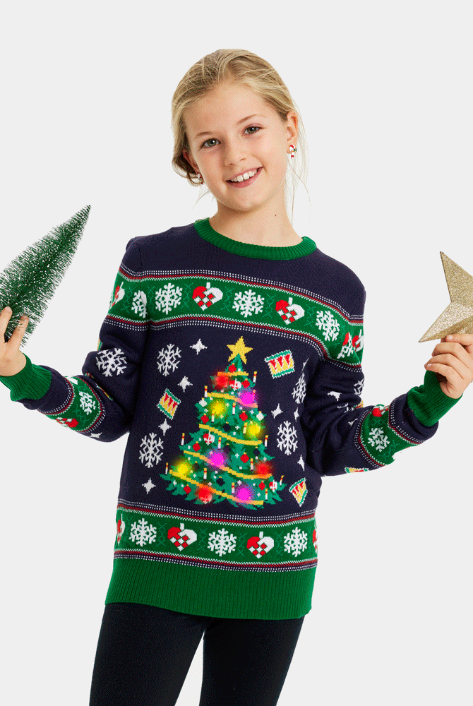 Menina Camisola de Natal Azul com Luzes LED para Família Árvore de Natal