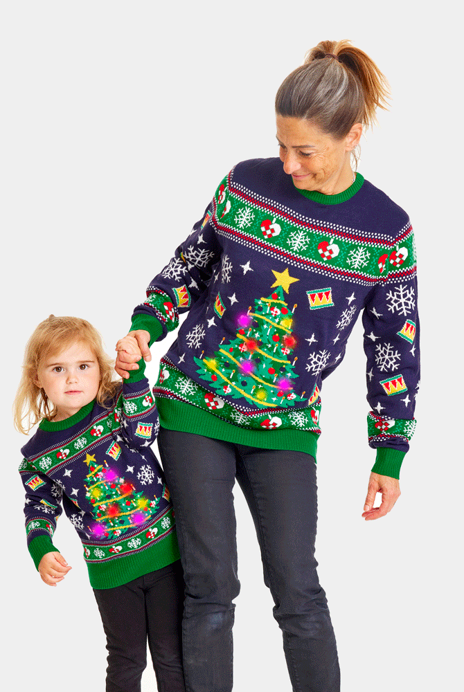 Camisola de Natal Azul com Luzes LED para Família Árvore de Natal Menina Mulher