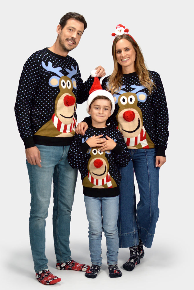 Camisola de Natal para Família Azul Rena com Nariz Vermelho 3D