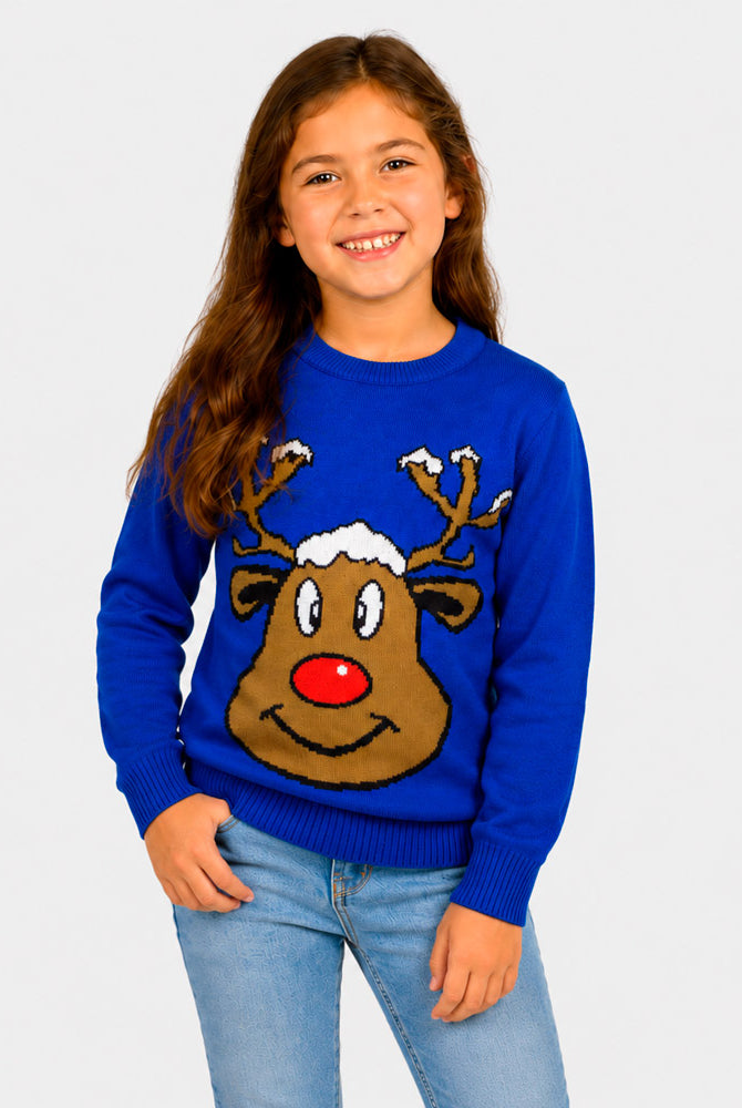 Camisola de Natal Família Azul com Rena Sorridente Bambina