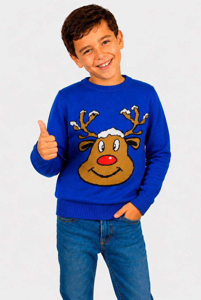 Camisola de Natal Família Azul com Rena Sorridente Bambino