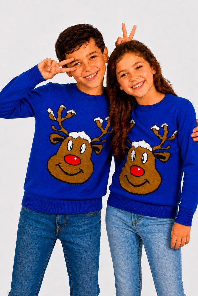 Camisola de Natal Família Azul com Rena Sorridente Crianças
