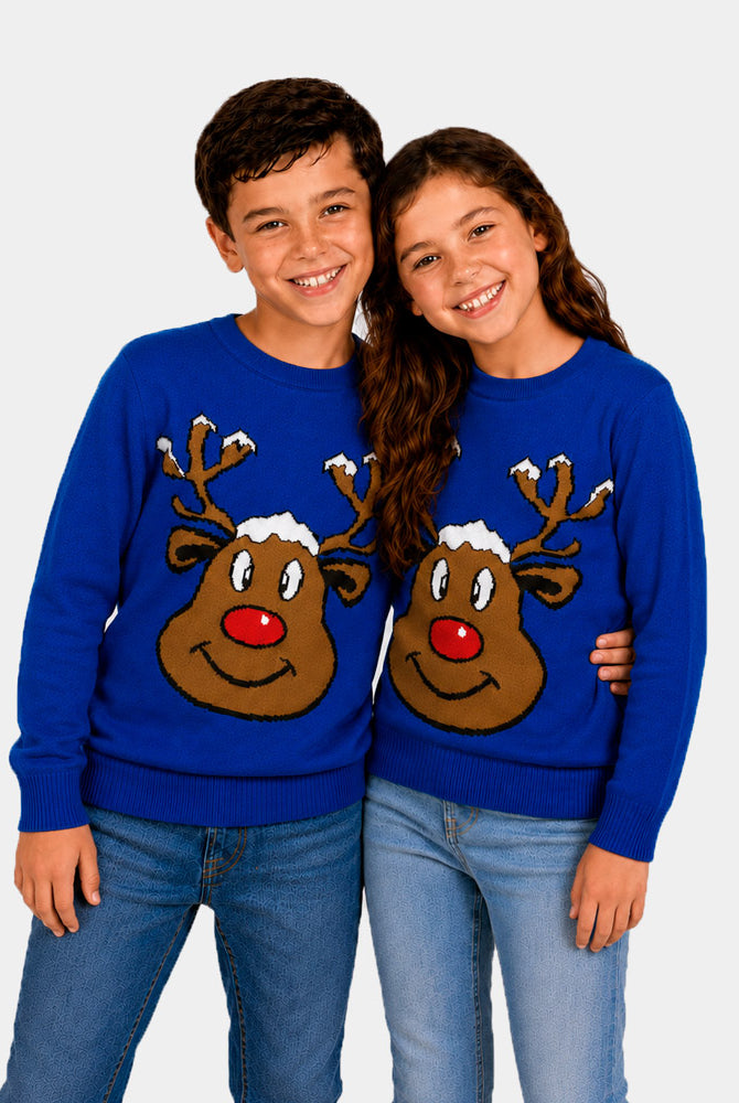 Camisola de Natal Família Azul com Rena Sorridente Crianças