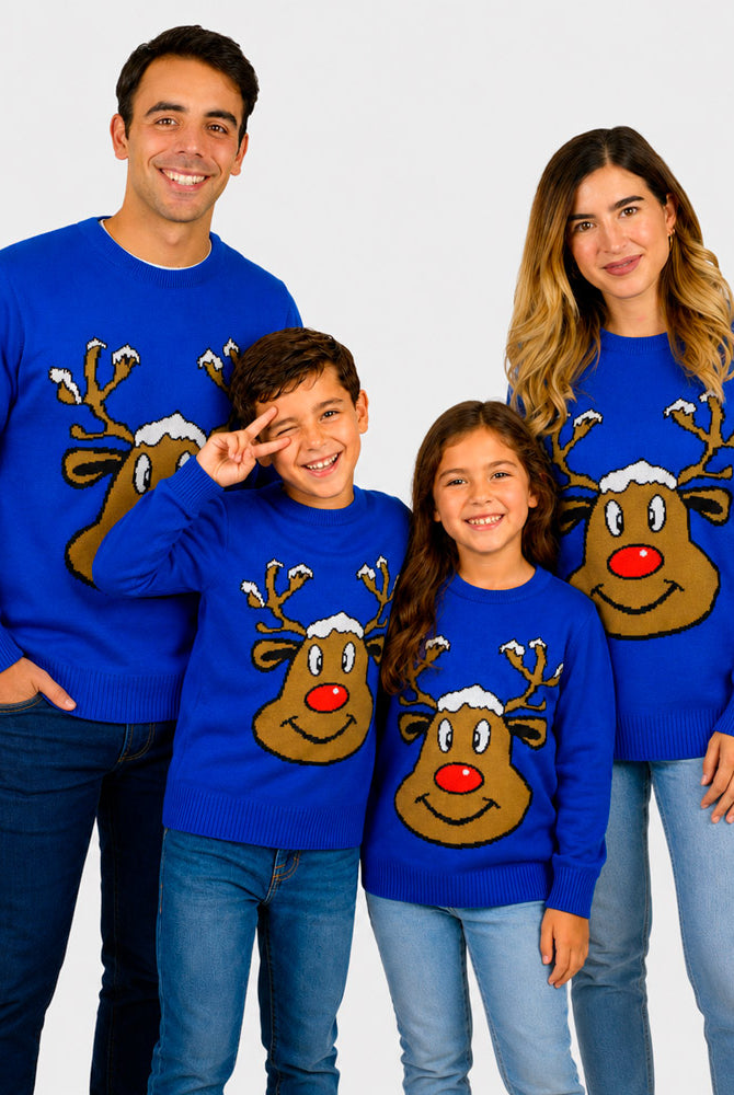 Camisola de Natal Família Azul com Rena Sorridente