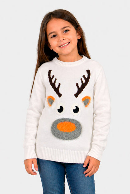 Camisola de Natal Branca para Família com Rena 3D Menina