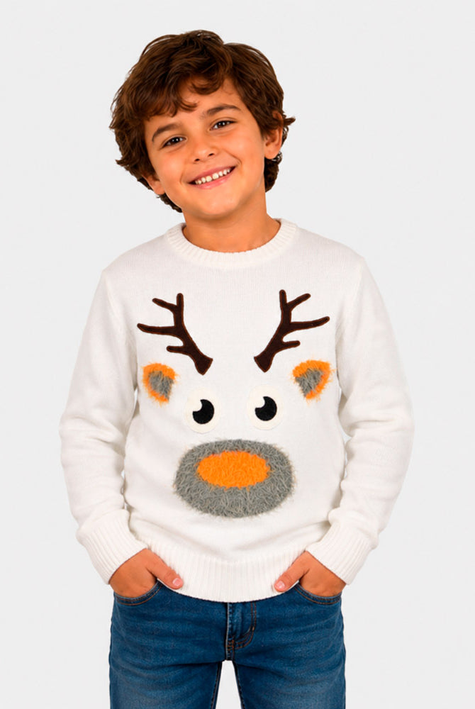 Camisola de Natal Branca para Família com Rena 3D Menino
