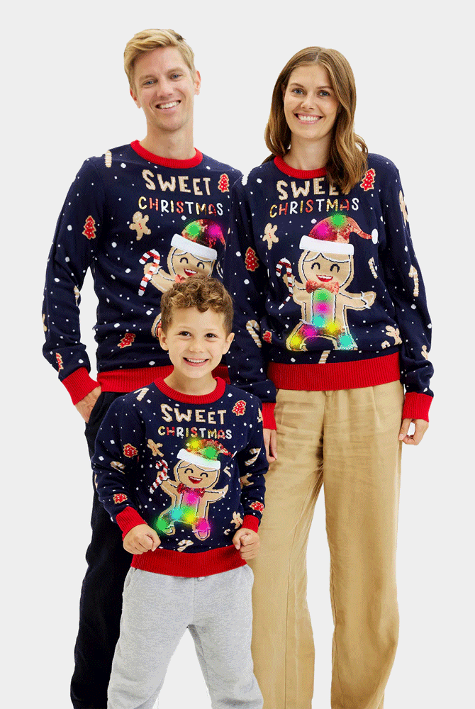 Camisola de Natal Familia Azul com Luzes LED Ginger Cookie
