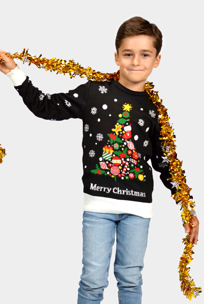 Camisola de Natal Crianças Família Preta com Árvore de Natal