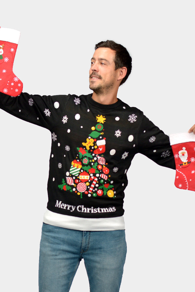 Camisola de Natal homem Família Preta com Árvore de Natal