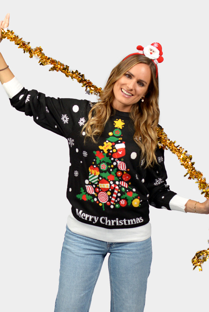 Camisola de Natal Mulher Família Preta com Árvore de Natal