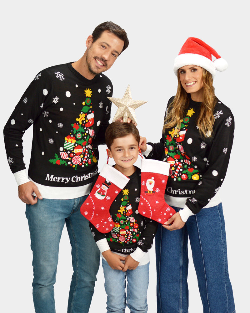 Camisola de Natal para Família Preta com Árvore de Natal
