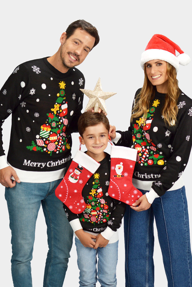 Camisola de Natal para Família Preta com Árvore de Natal