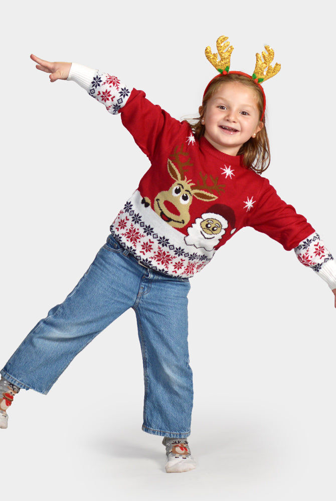 Camisola de Natal para Familia com Rena e Pai Natal Sorridentes Crianças