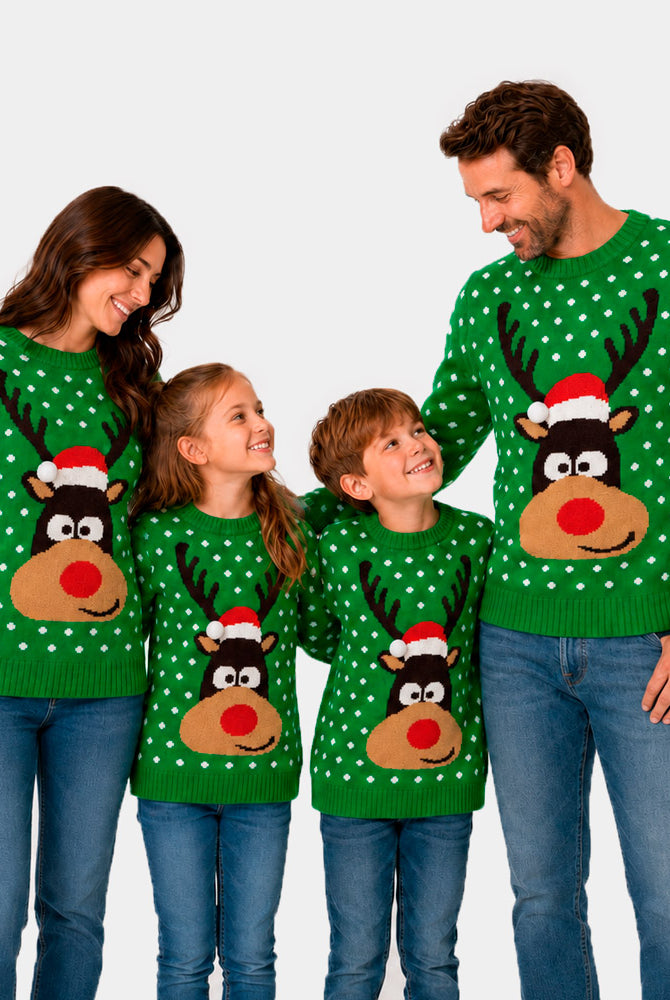 Camisola de Natal para Família Verde Rena com Gorro 3D