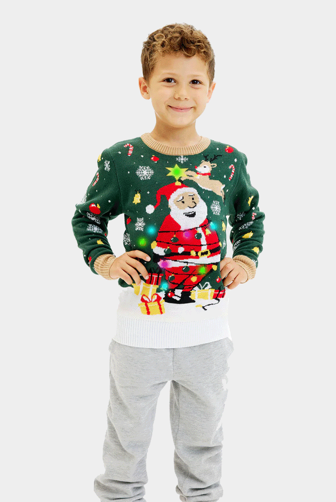 Camisola de Natal Verde Luzes LED para Família Pai Natal Preso Menino