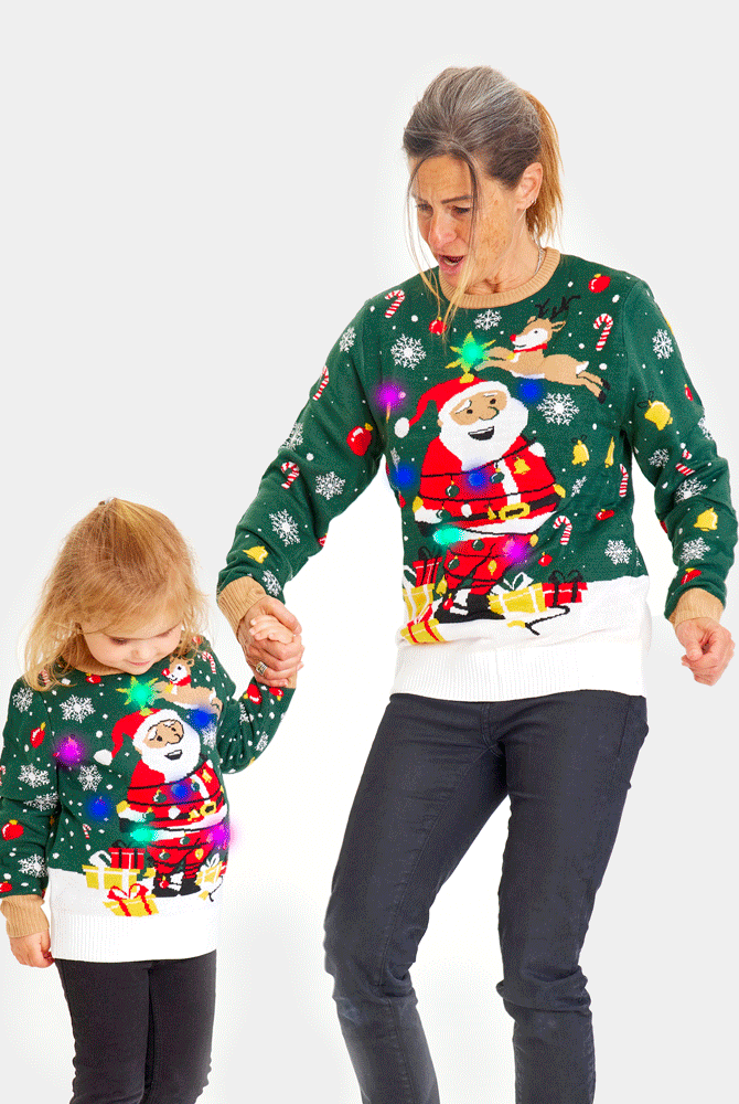 Camisola de Natal Verde com Luzes LED para Família Pai Natal Preso