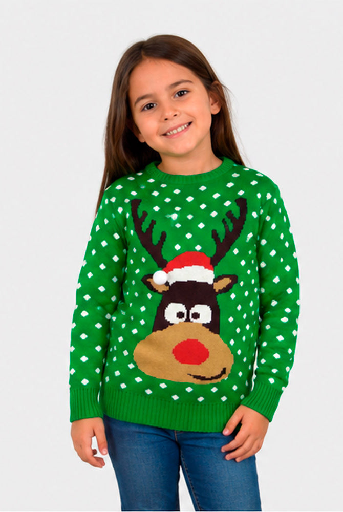 Camisola de Natal para Família Verde Rena com Gorro 3D Menina