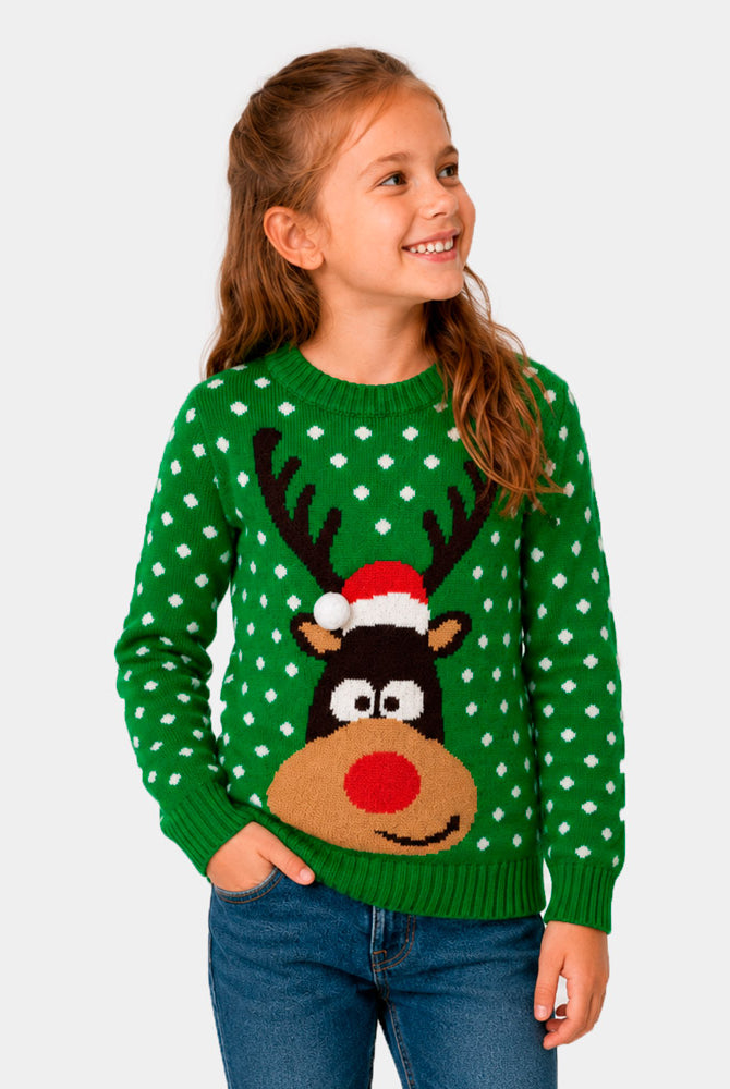 Camisola de Natal para Família Verde Rena com Gorro 3D Menina
