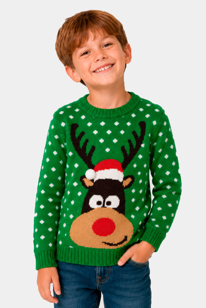 Camisola de Natal para Família Verde Rena com Gorro 3D Menino
