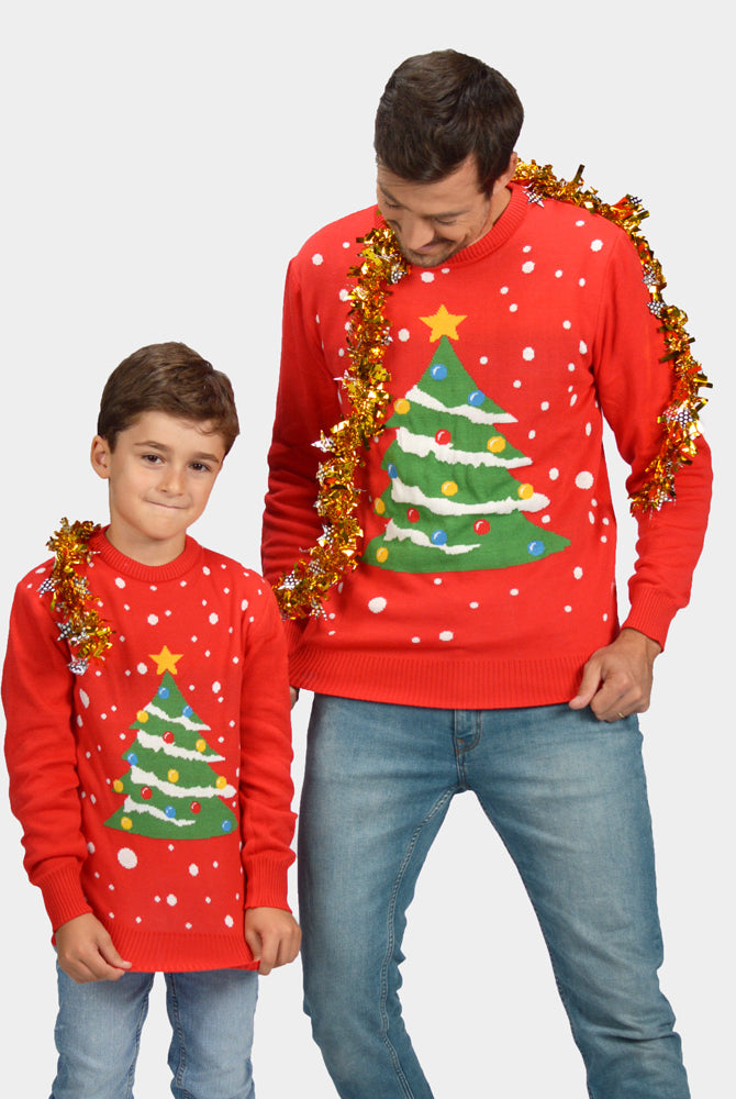 Camisola de Natal homem e Criança Família Vermelha Árvore de Natal
