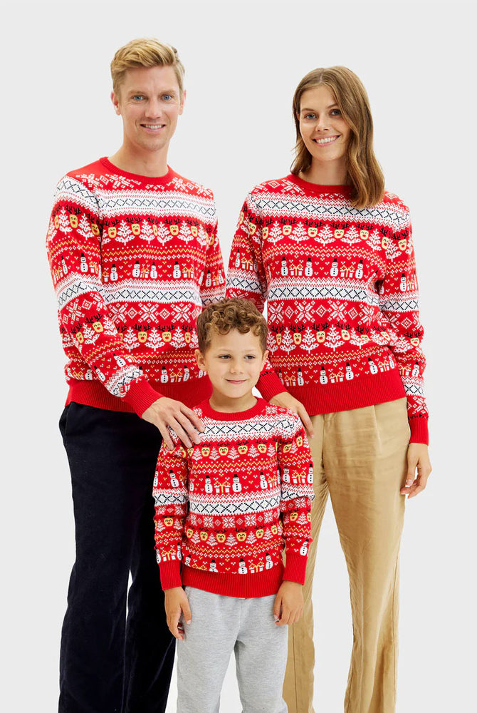 Camisola de Natal Família Neve Vermelha Bonecos Árvores Algodão Orgânico