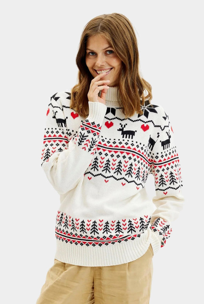 Camisola de Natale Gola Alta bege Renas Algodão Orgânico para Mulher