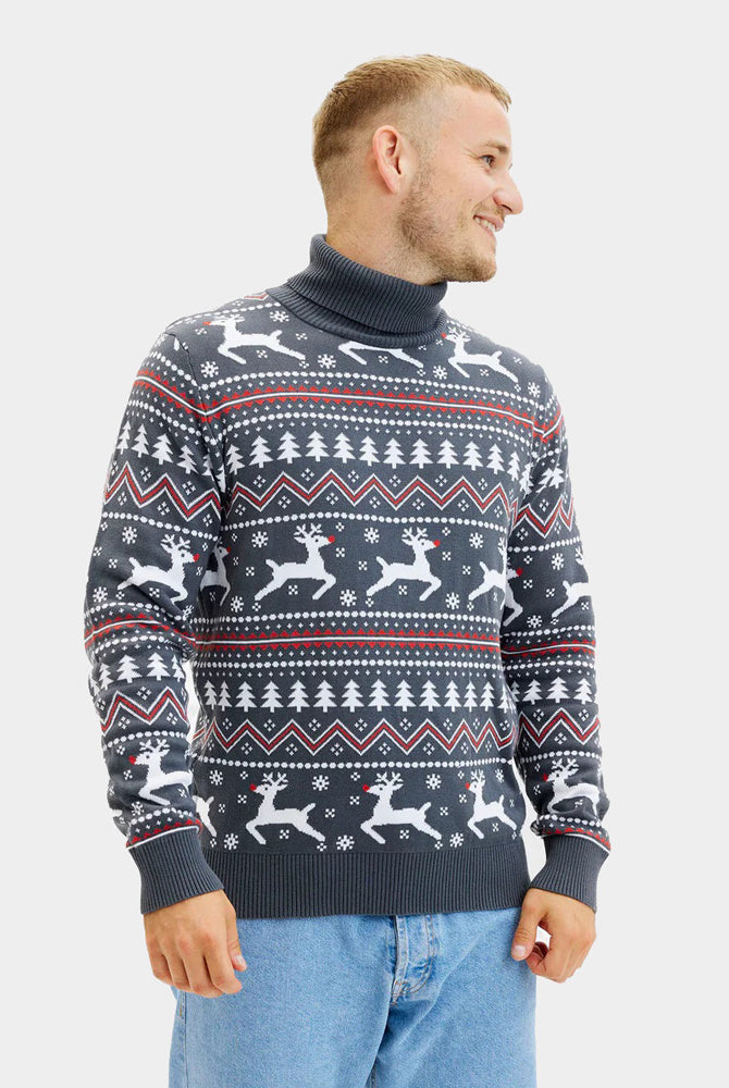 Camisola de Natal Homem Gola Alta Cinzenta Renas Algodão Orgânico