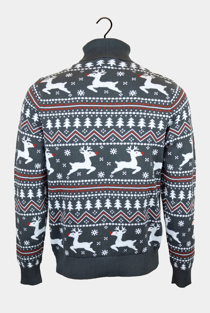 Camisola de Natal Casal Gola Alta Renas Algodão Orgânico Cinzenta
