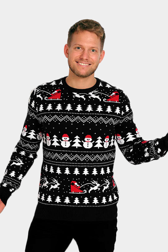 Camisola de Natal Homem Árvores, Bonecos e Pai Natal Preta