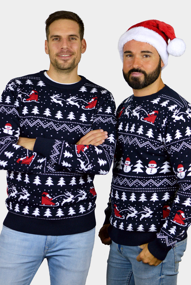 Camisola de Natal para Homem Azul com Árvores, Bonecos e Pai Natal Algodão Orgânico casal