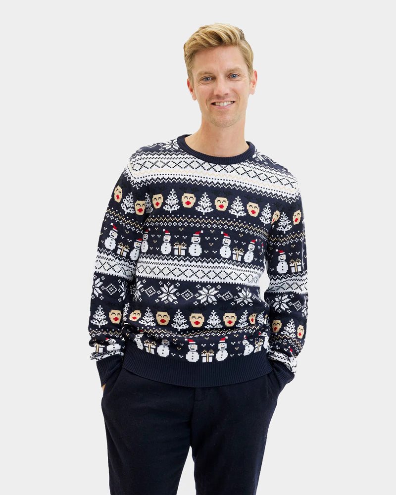 Camisola de Natal para Homem Azul Bonecos de Neve e Árvores
