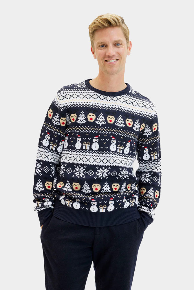 Camisola de Natal para Homem Azul Bonecos de Neve e Árvores