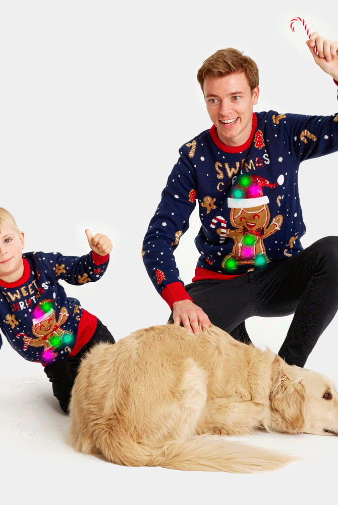 Camisola de Natal para Homem Azul com Luzes LED Ginger Cookie crianças