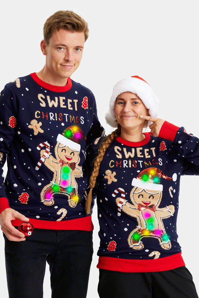 Camisola de Natal para Homem Azul com Luzes LED Ginger Cookie Mulher